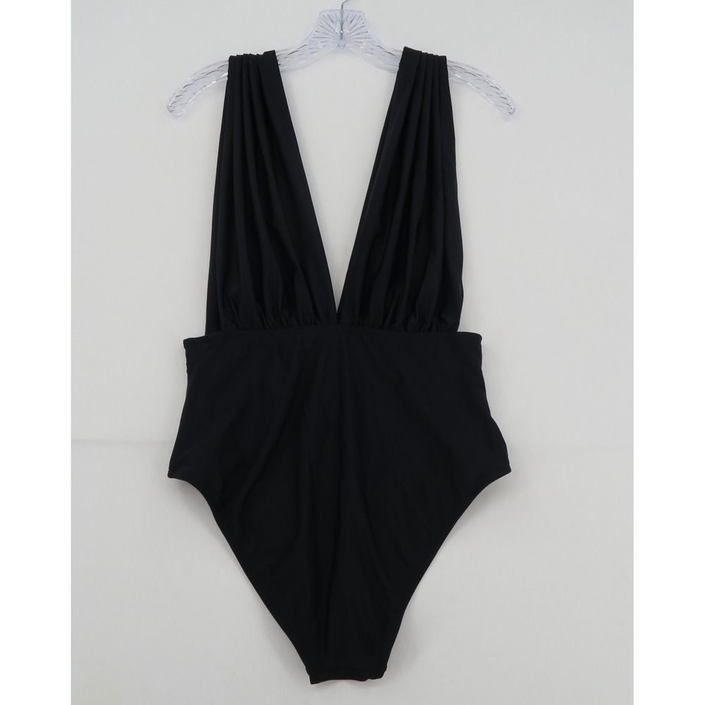Cupshe Black Deep V-Neck Ruched One Piece Swimsuit CAA12E4Q041AA L